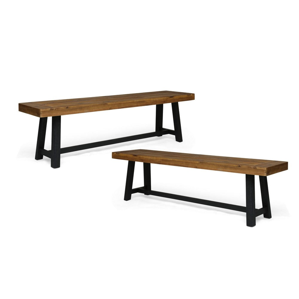 Outdoor Bench Set of 2 | Slatted Top | H-Stretcher Brown & Black | 63"