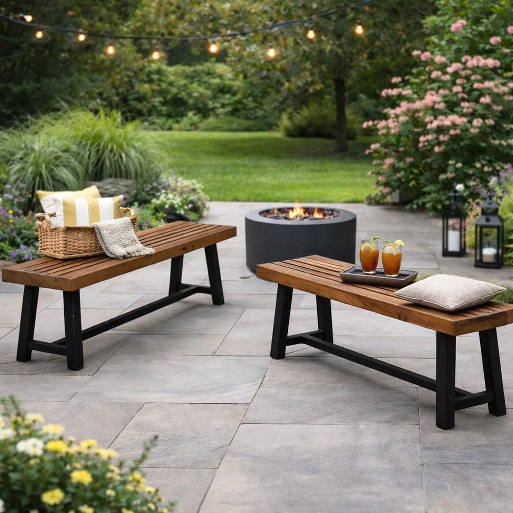 Outdoor Bench Set of 2 | Slatted Top | H-Stretcher Brown & Black | 63"