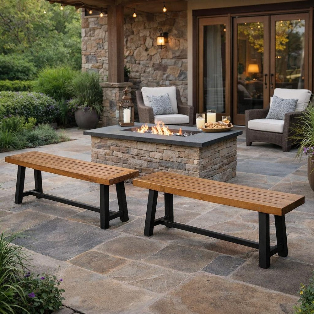 Outdoor Bench Set of 2 | Slatted Top | H-Stretcher Brown & Black | 63"