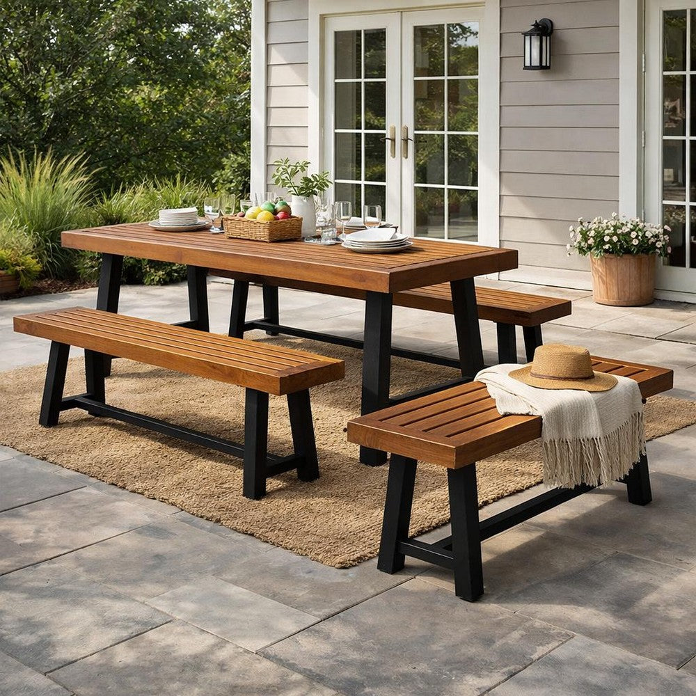 Outdoor Bench Set of 2 | Slatted Top | H-Stretcher Brown & Black | 63"