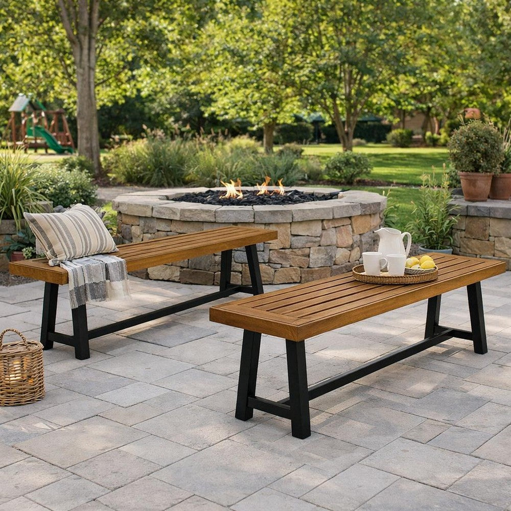 Outdoor Bench Set of 2 | Slatted Top | H-Stretcher Brown & Black | 63"