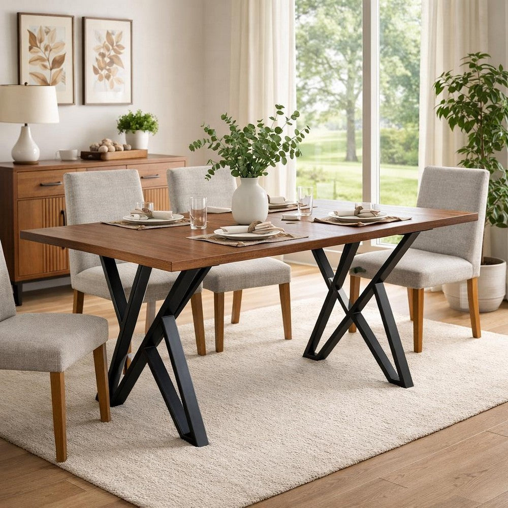 Dining Table | 59" Rectangular Wood Top | Metal Trestle | Brown Black