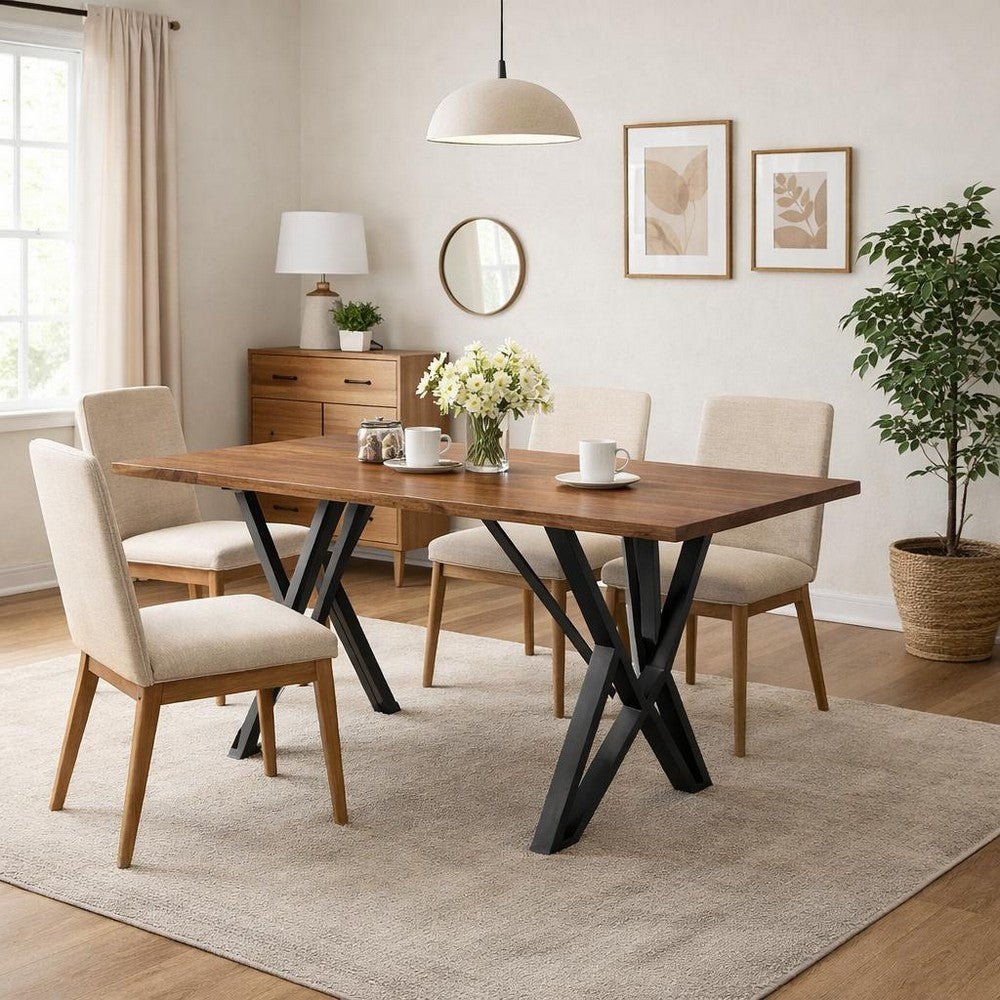 Dining Table | 59" Rectangular Wood Top | Metal Trestle | Brown Black