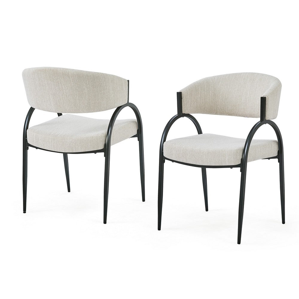 Dining Chair Set of 2 | Beige Fabric Cushions | Arched Black Metal Legs