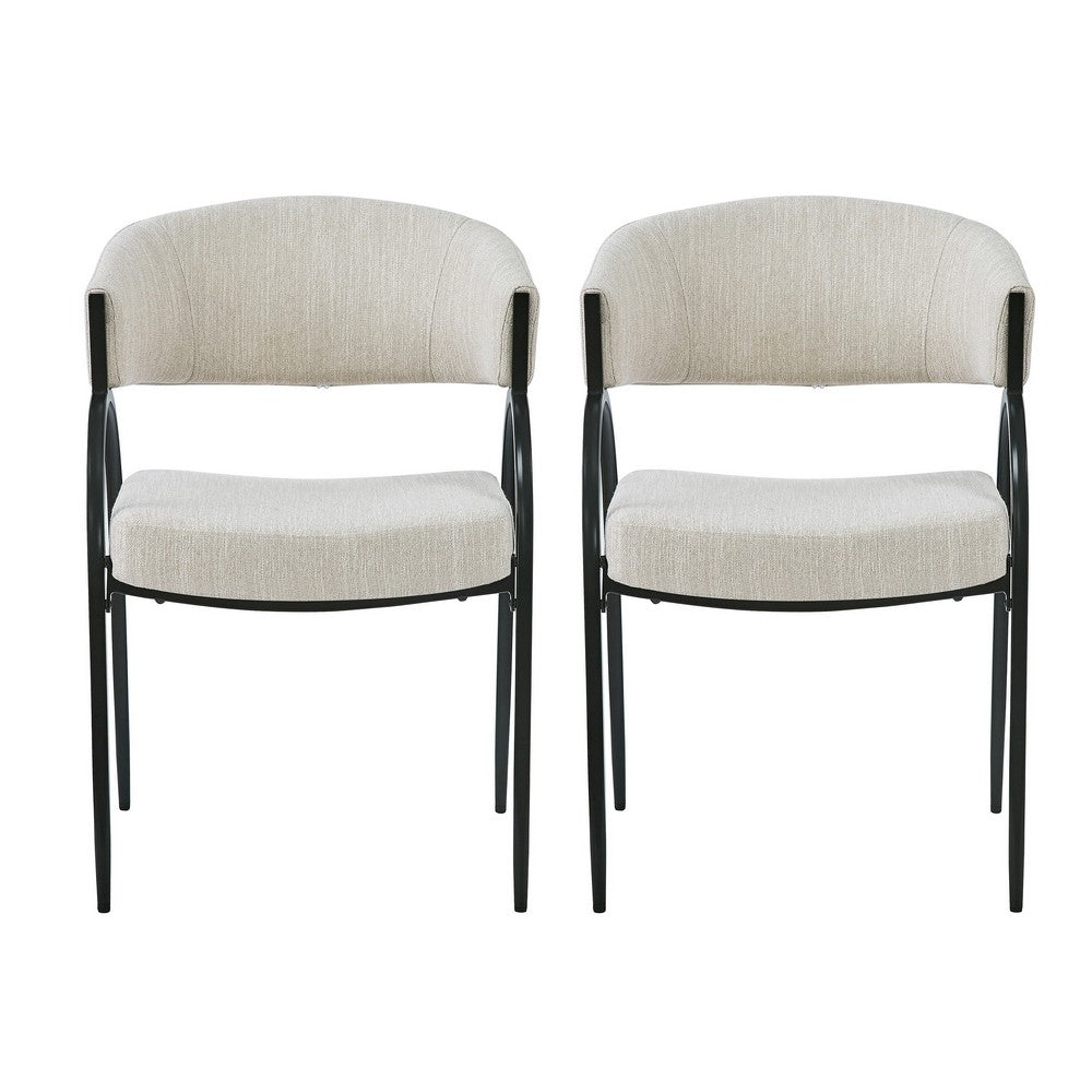 Dining Chair Set of 2 | Beige Fabric Cushions | Arched Black Metal Legs