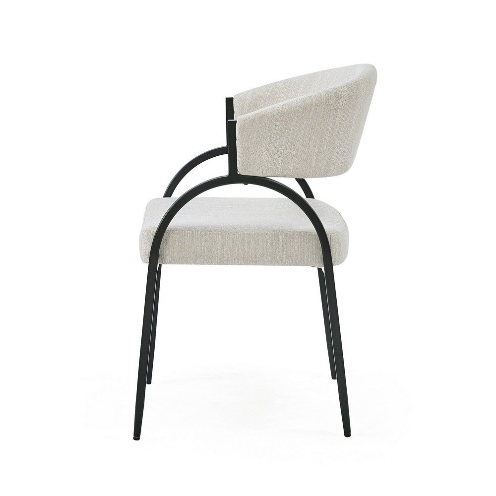 Dining Chair Set of 2 | Beige Fabric Cushions | Arched Black Metal Legs