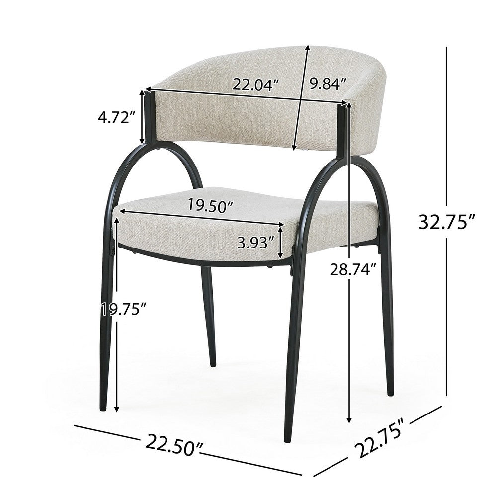Dining Chair Set of 2 | Beige Fabric Cushions | Arched Black Metal Legs