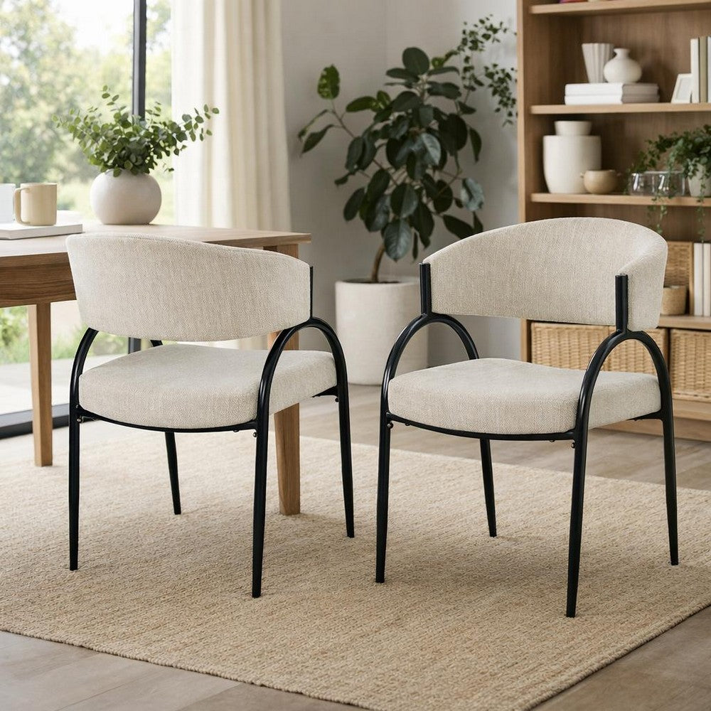 Dining Chair Set of 2 | Beige Fabric Cushions | Arched Black Metal Legs