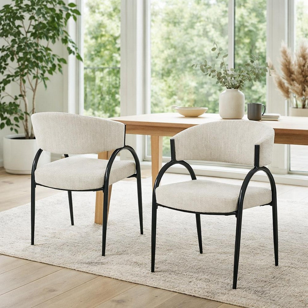 Dining Chair Set of 2 | Beige Fabric Cushions | Arched Black Metal Legs