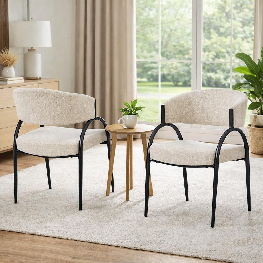 Dining Chair Set of 2 | Beige Fabric Cushions | Arched Black Metal Legs