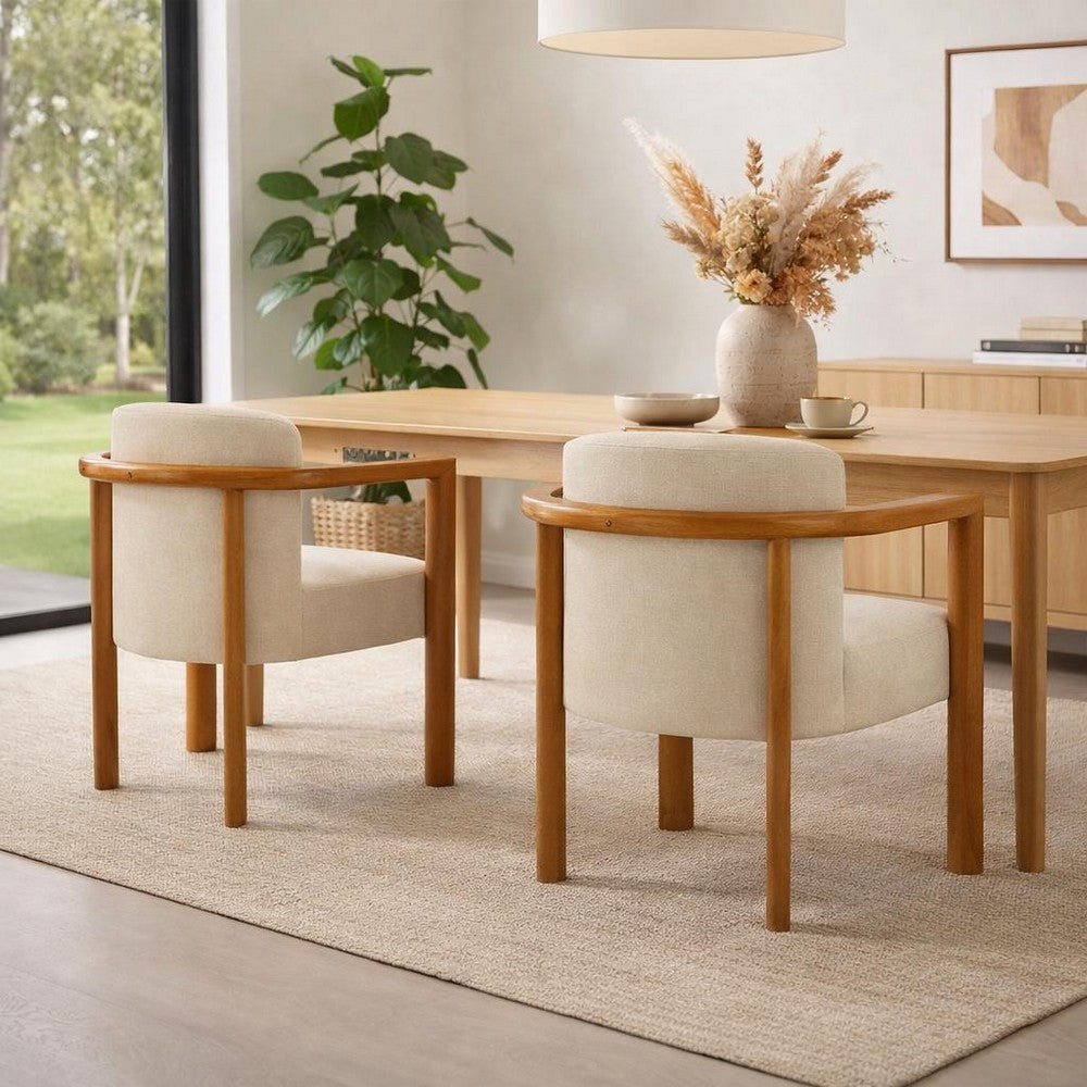 Dining Armchair Set of 2 | Curved Back | Beige Upholstered Cushioned Seat
