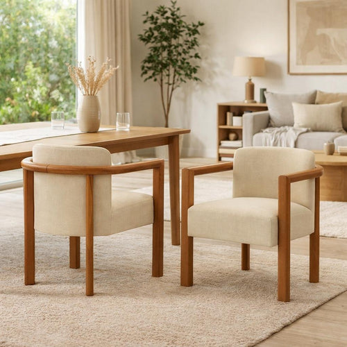 Dining Armchair Set of 2 | Curved Back | Beige Upholstered Cushioned Seat
