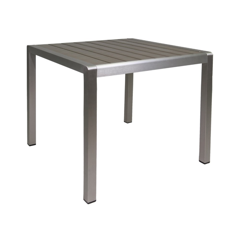 Outdoor Dining Table | Slatted Square Faux Wood Top | Silver Aluminum 35"