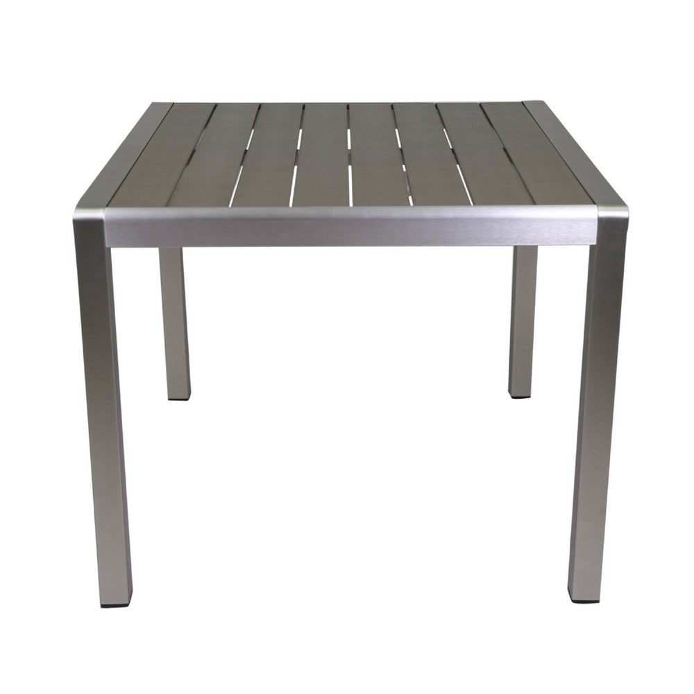 Outdoor Dining Table | Slatted Square Faux Wood Top | Silver Aluminum 35"