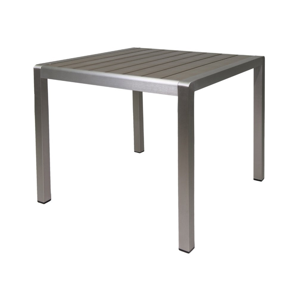 Outdoor Dining Table | Slatted Square Faux Wood Top | Silver Aluminum 35"