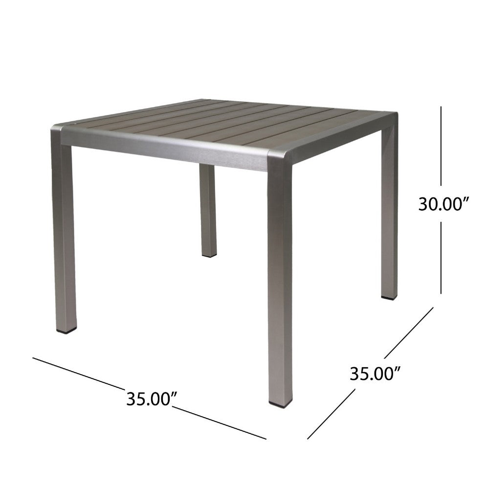 Outdoor Dining Table | Slatted Square Faux Wood Top | Silver Aluminum 35"