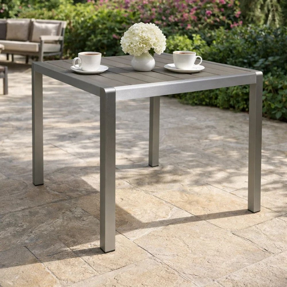 Outdoor Dining Table | Slatted Square Faux Wood Top | Silver Aluminum 35"
