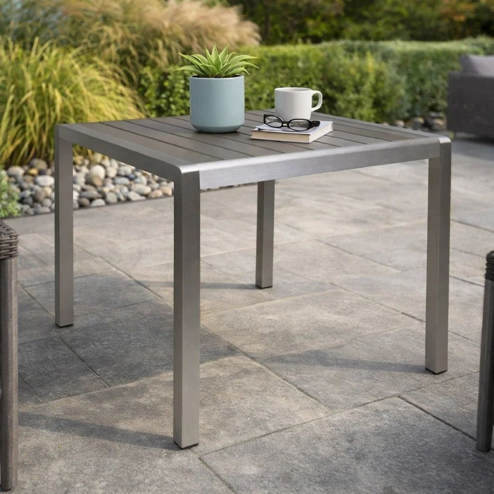 Outdoor Dining Table | Slatted Square Faux Wood Top | Silver Aluminum 35"