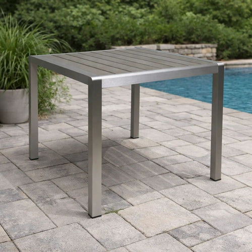 Outdoor Dining Table | Slatted Square Faux Wood Top | Silver Aluminum 35"