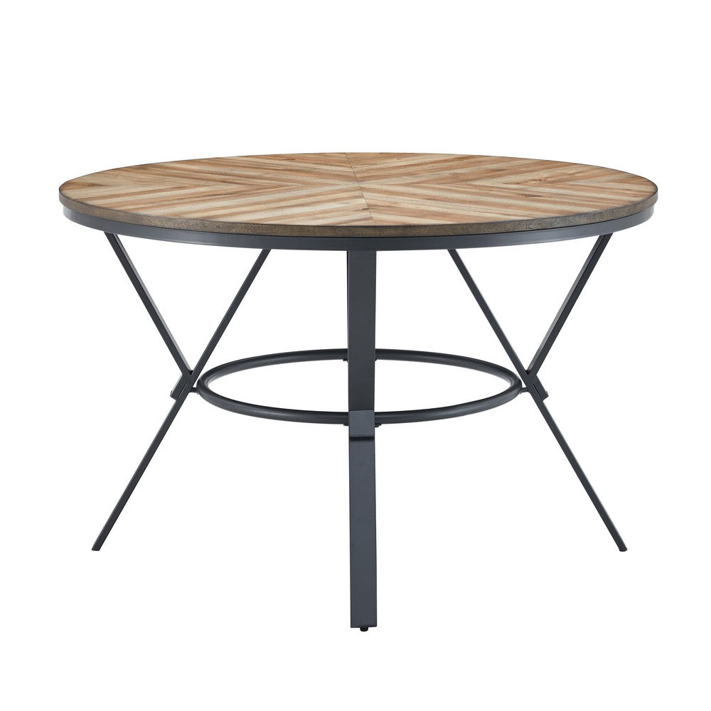 Dining Table | 47" Round Wood Top | Black Metal Trestle Base | Brown