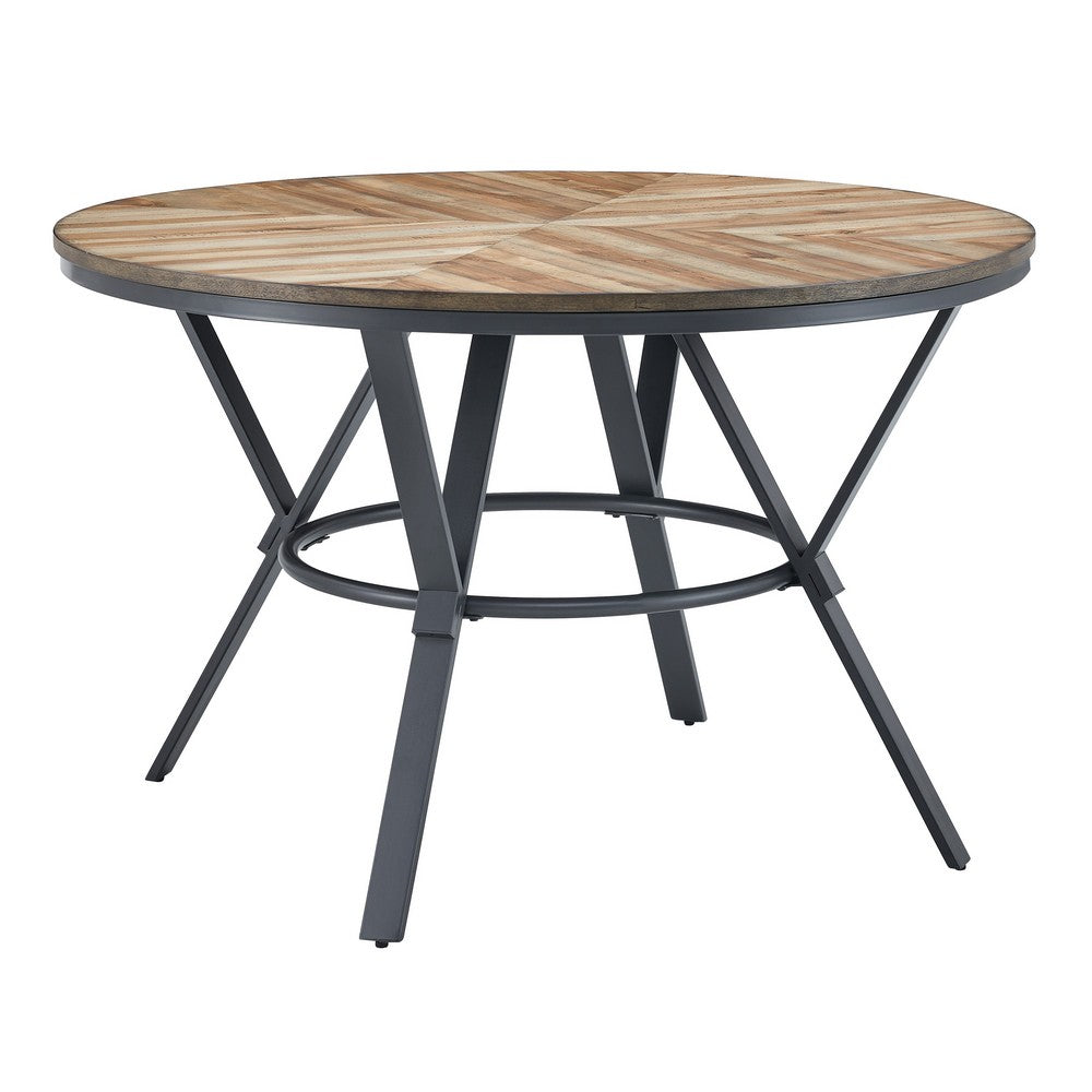 Dining Table | 47" Round Wood Top | Black Metal Trestle Base | Brown