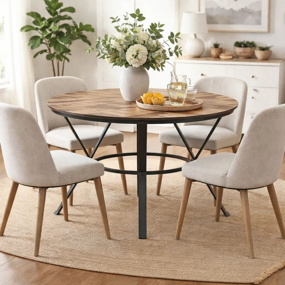 Dining Table | 47" Round Wood Top | Black Metal Trestle Base | Brown