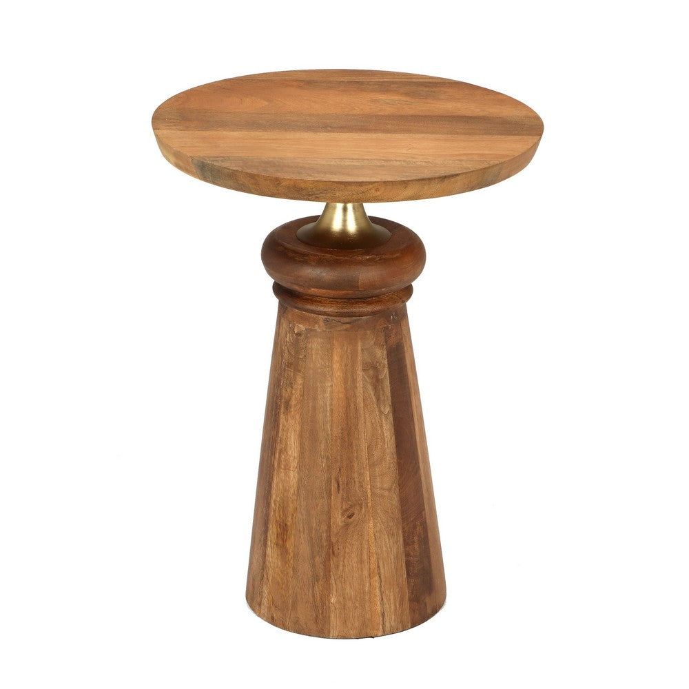 Side End Table | 17" Round Top | Pedestal w Gold Accent | Brown