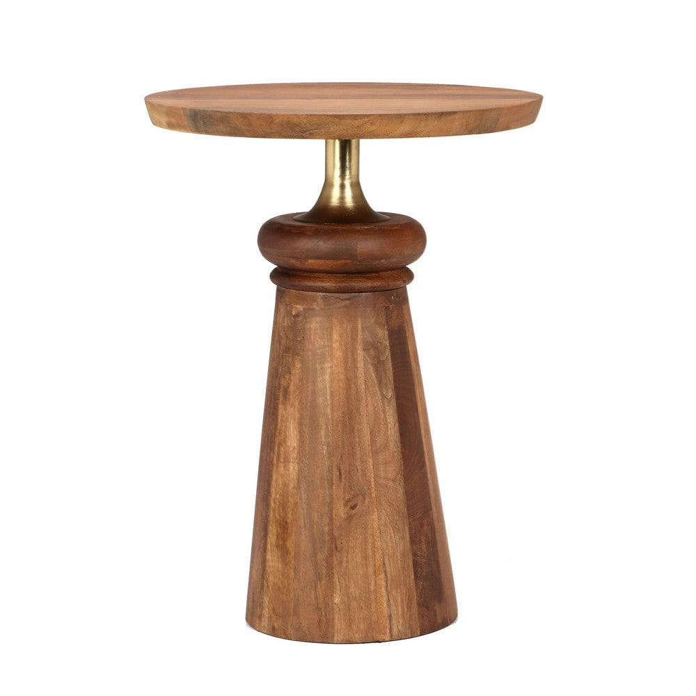 Side End Table | 17" Round Top | Pedestal w Gold Accent | Brown