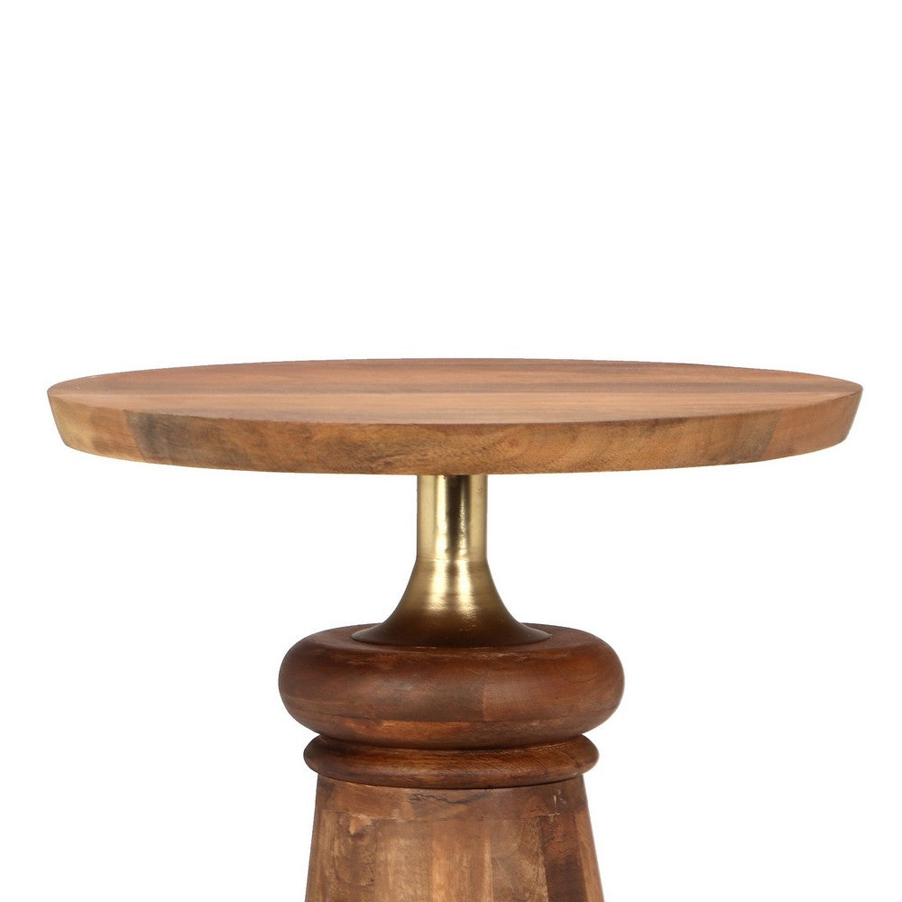 Side End Table | 17" Round Top | Pedestal w Gold Accent | Brown