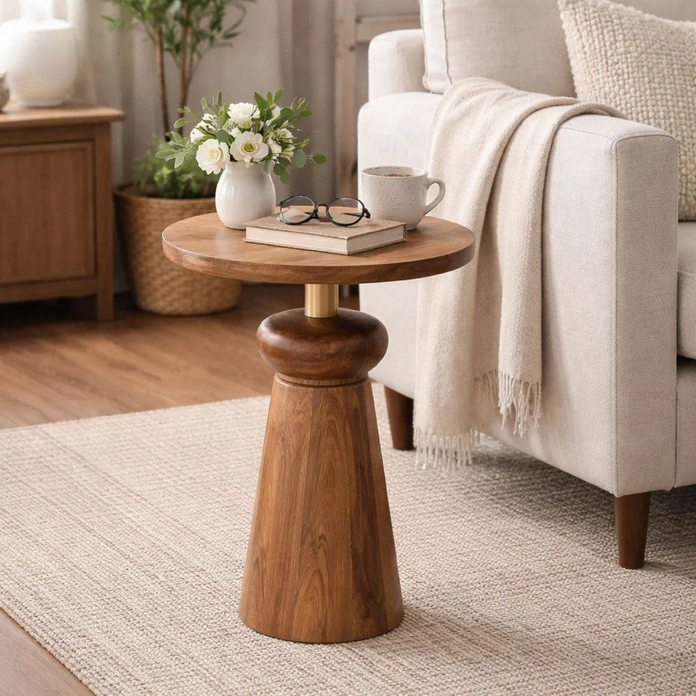 Side End Table | 17" Round Top | Pedestal w Gold Accent | Brown