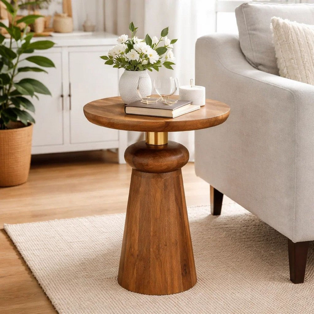 Side End Table | 17" Round Top | Pedestal w Gold Accent | Brown