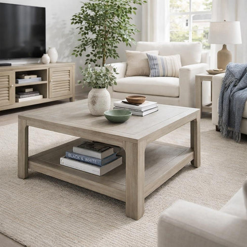 Coffee Table w Shelf | 34" Square | Light Gray Ash Wood | Modern Style
