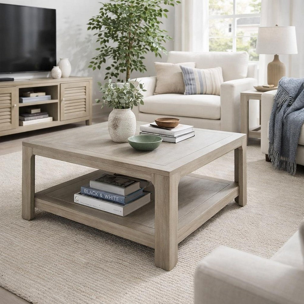 Coffee Table w Shelf | 34" Square | Light Gray Ash Wood | Modern Style