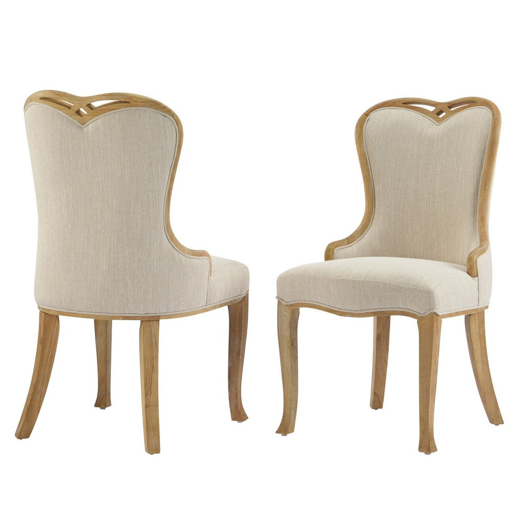 Dining Side Chair Set of 2 | Brown Heart-Shaped Wingback | Beige Fabric