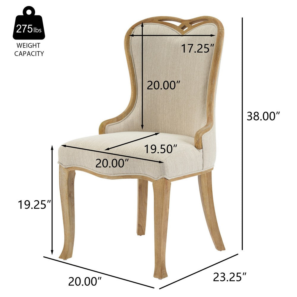 Dining Side Chair Set of 2 | Brown Heart-Shaped Wingback | Beige Fabric