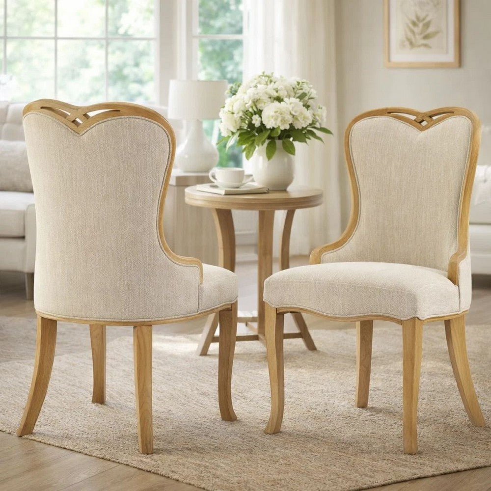 Dining Side Chair Set of 2 | Brown Heart-Shaped Wingback | Beige Fabric