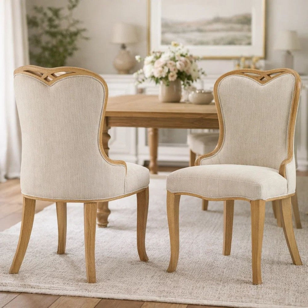 Dining Side Chair Set of 2 | Brown Heart-Shaped Wingback | Beige Fabric