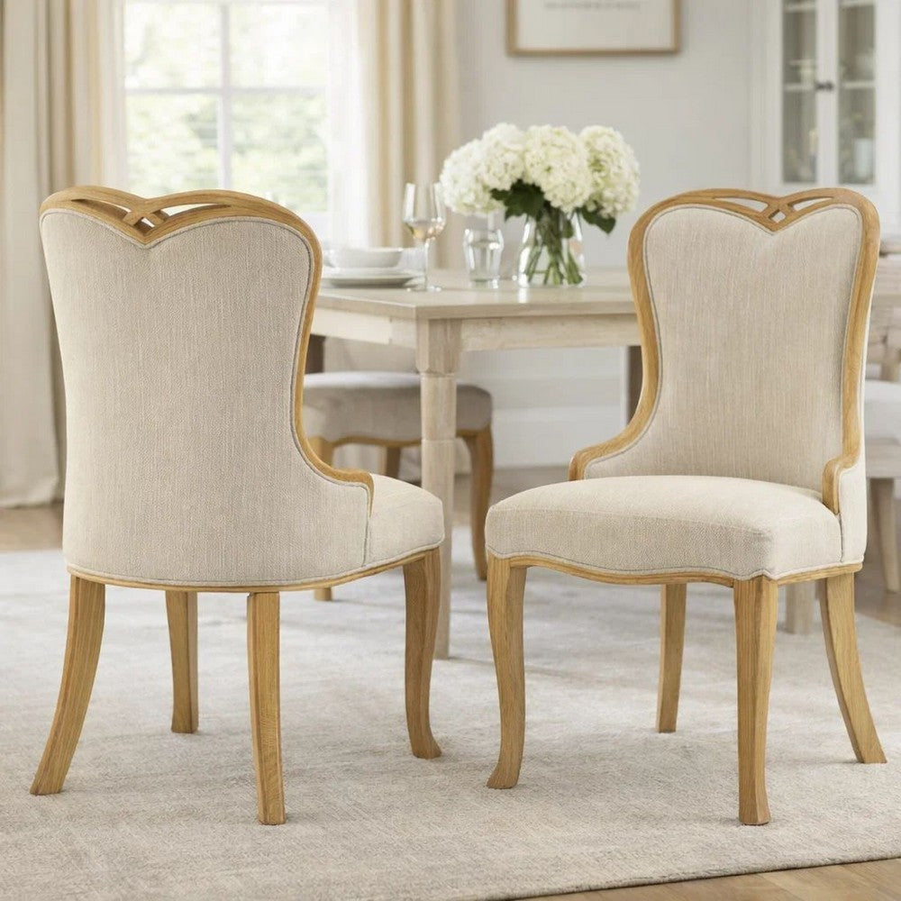 Dining Side Chair Set of 2 | Brown Heart-Shaped Wingback | Beige Fabric