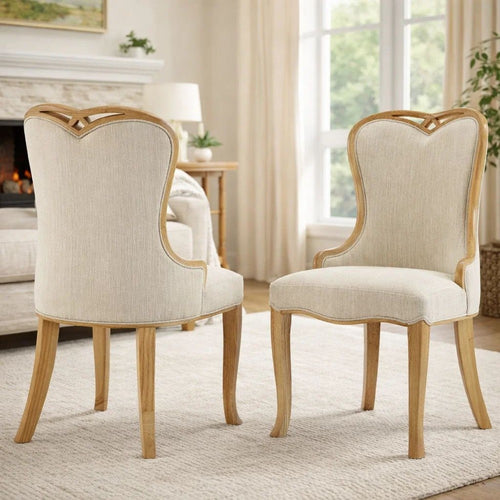 Dining Side Chair Set of 2 | Brown Heart-Shaped Wingback | Beige Fabric