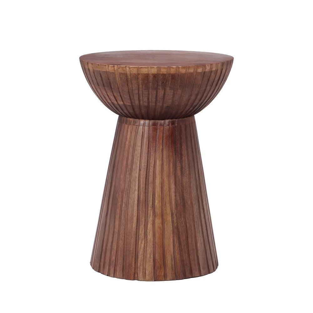 Kora Side End Table | 15" Round Drum Shape Ribbed Cone Pedestal | Brown