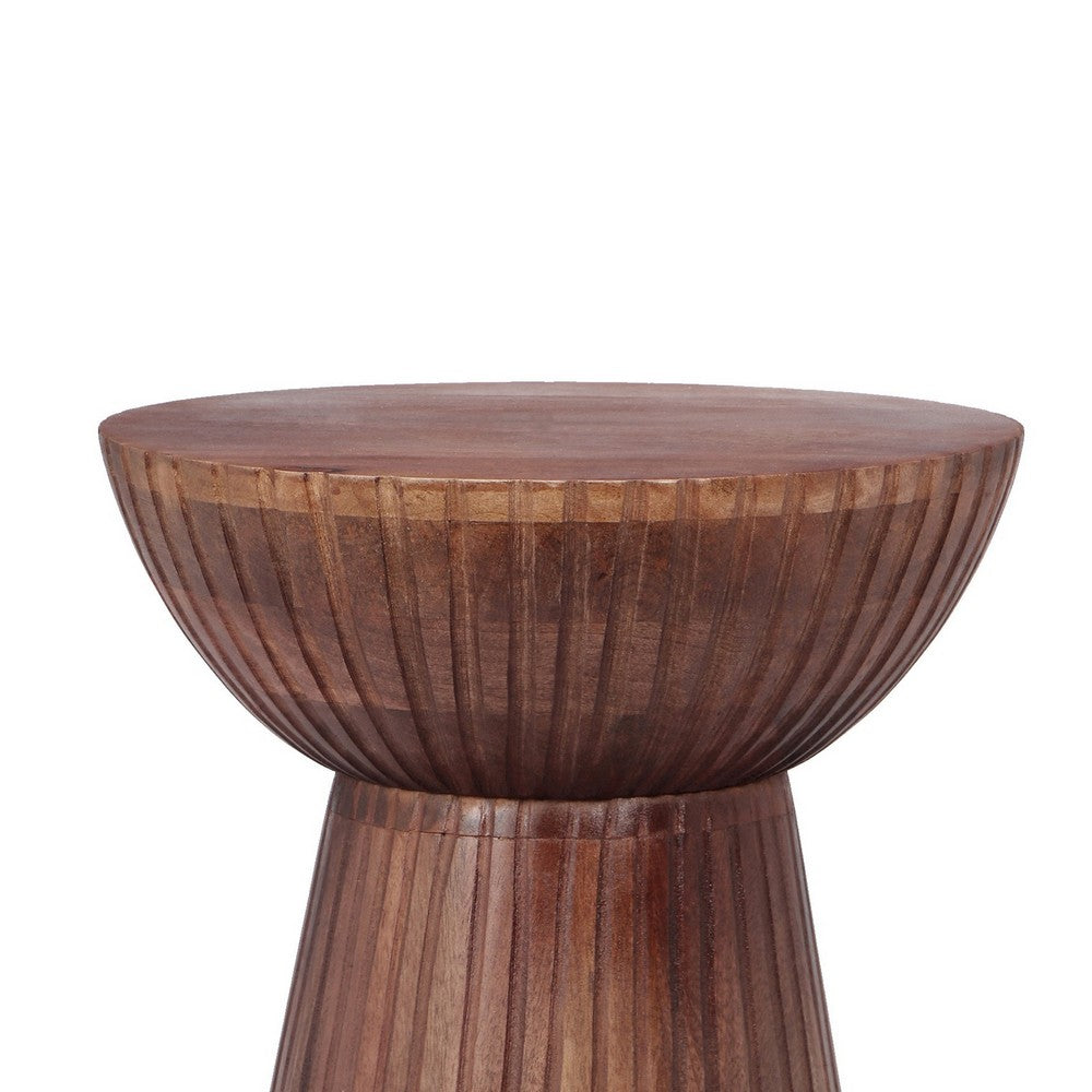 Kora Side End Table | 15" Round Drum Shape Ribbed Cone Pedestal | Brown