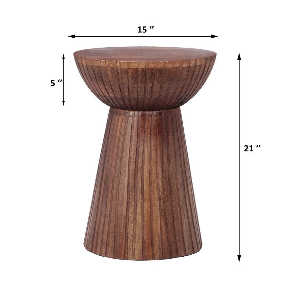 Kora Side End Table | 15" Round Drum Shape Ribbed Cone Pedestal | Brown