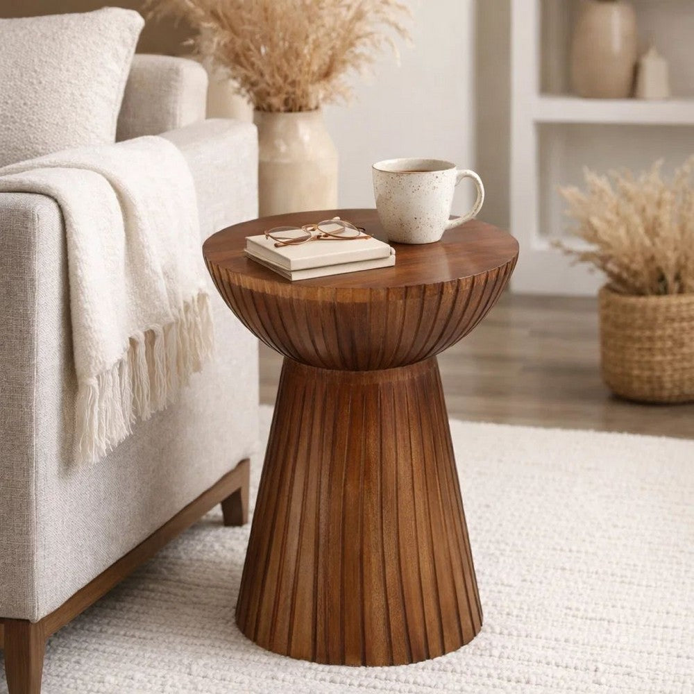 Kora Side End Table | 15" Round Drum Shape Ribbed Cone Pedestal | Brown