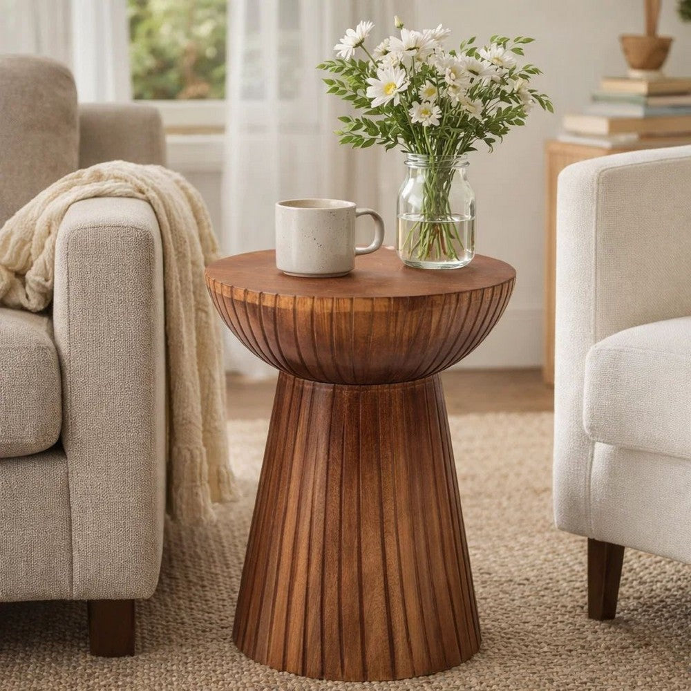 Kora Side End Table | 15" Round Drum Shape Ribbed Cone Pedestal | Brown