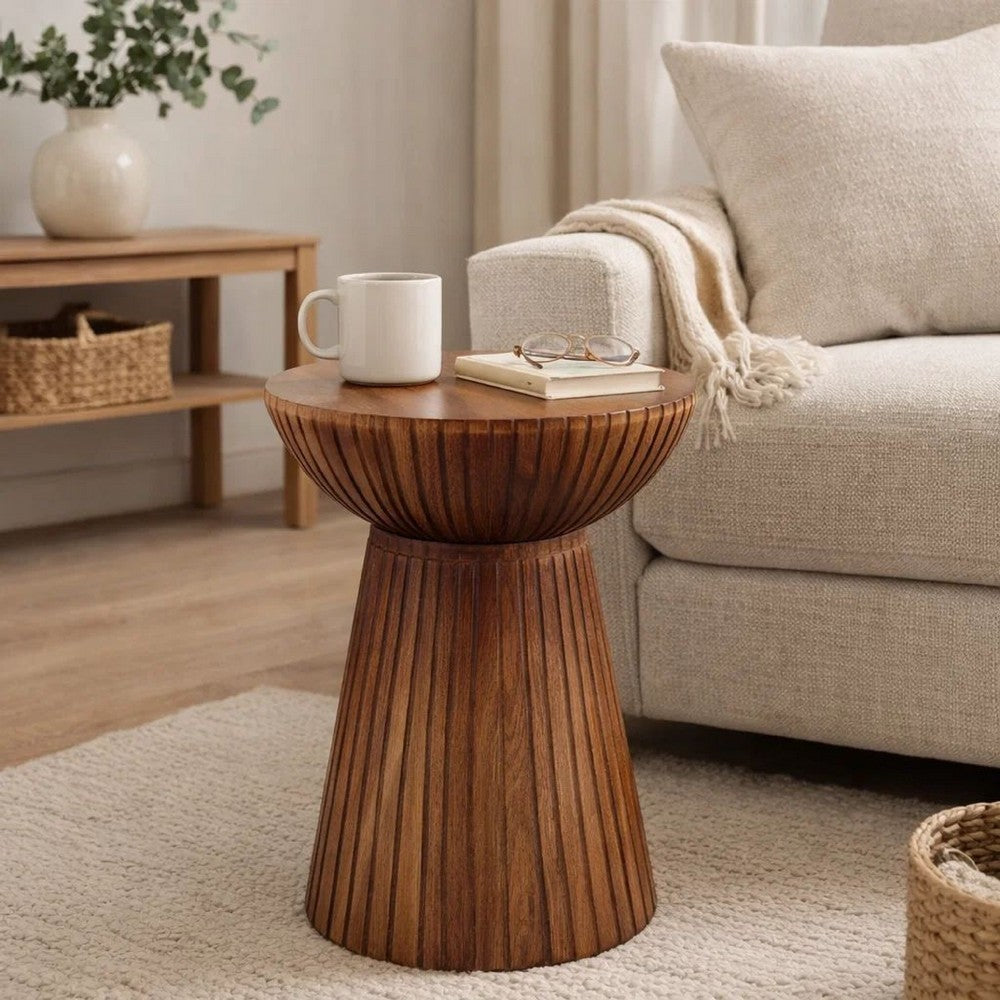 Kora Side End Table | 15" Round Drum Shape Ribbed Cone Pedestal | Brown