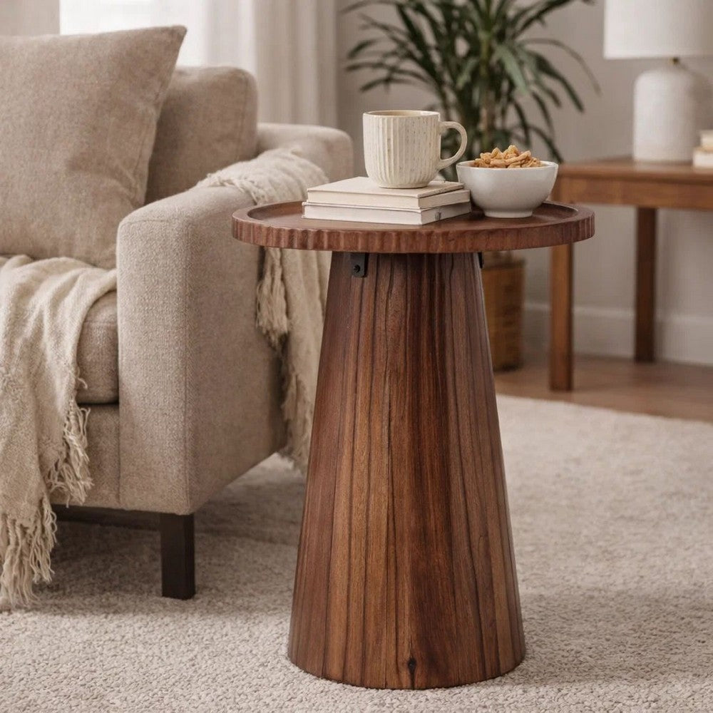 Kora Side End Table | 16" Round Top | Ribbed Cone Pedestal | Brown