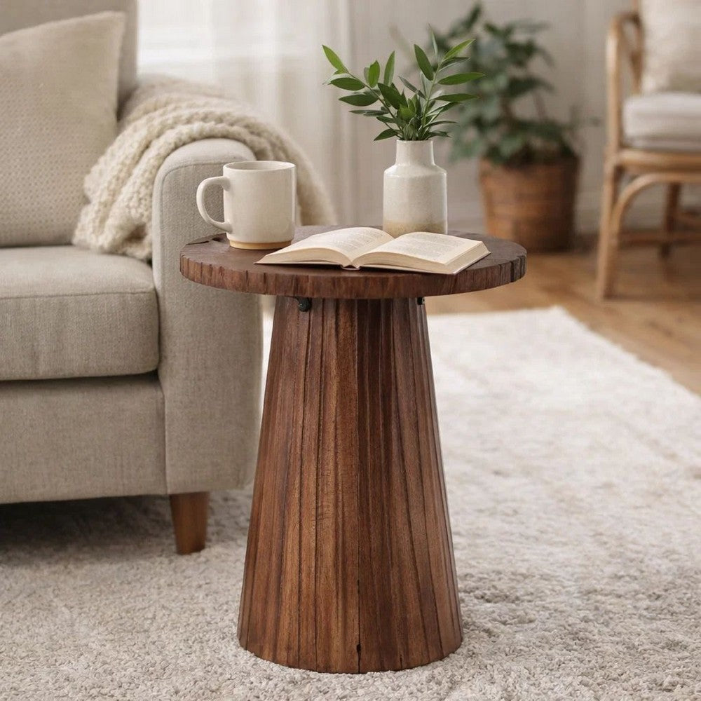 Kora Side End Table | 16" Round Top | Ribbed Cone Pedestal | Brown