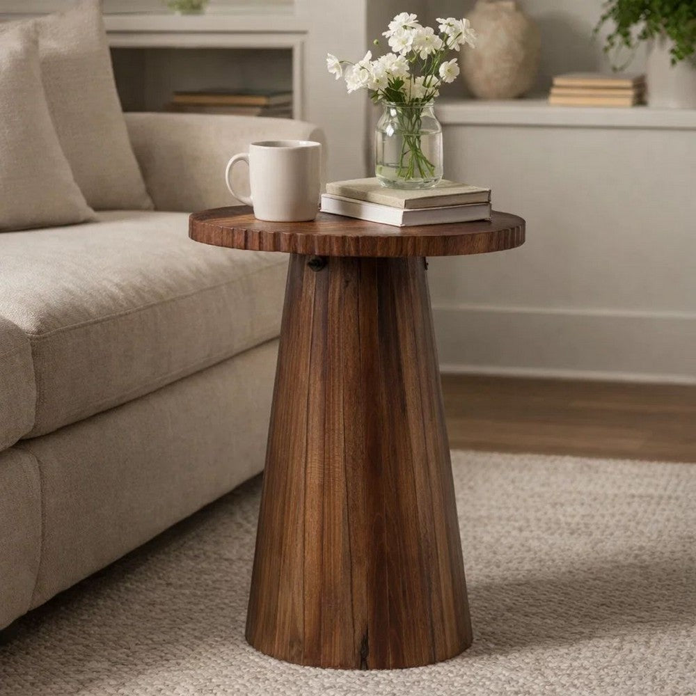 Kora Side End Table | 16" Round Top | Ribbed Cone Pedestal | Brown