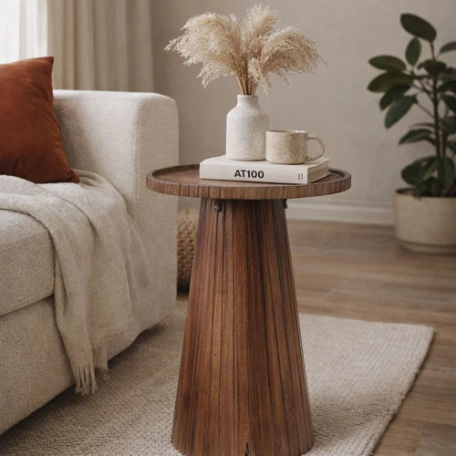 Kora Side End Table | 16" Round Top | Ribbed Cone Pedestal | Brown