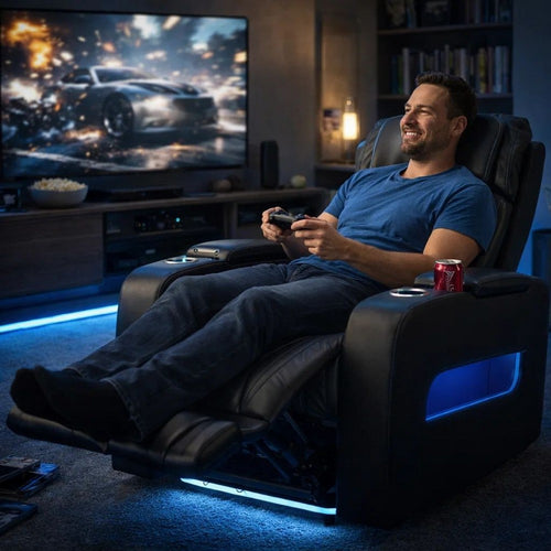 Jasi Power Reclining Chair | LED | Storage | USB Ports | Black Leather Aire